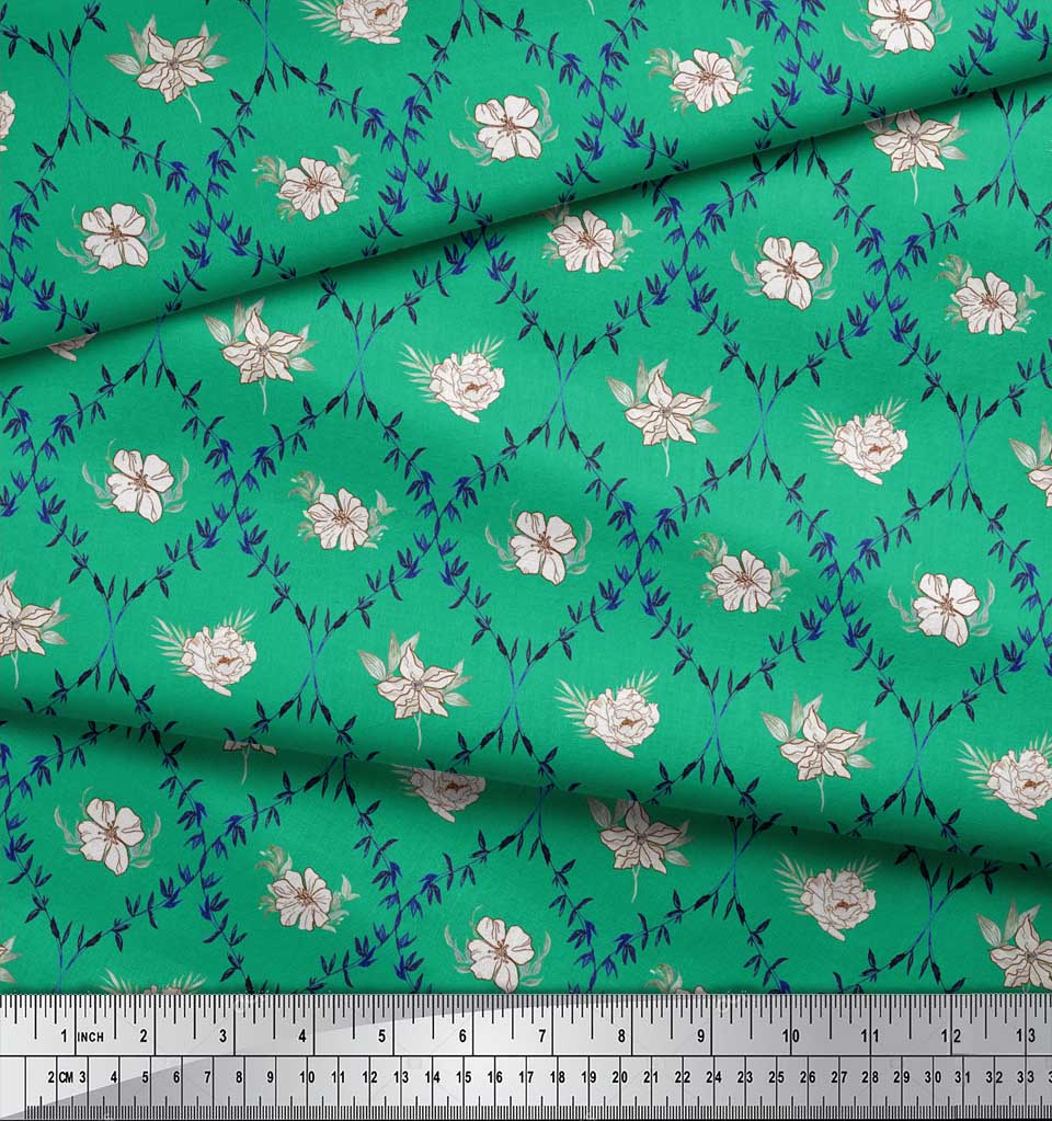 Soimoi Green Poly Crepe Fabric Azalea & Peony Damask Print Fabric by metre 42 Inch