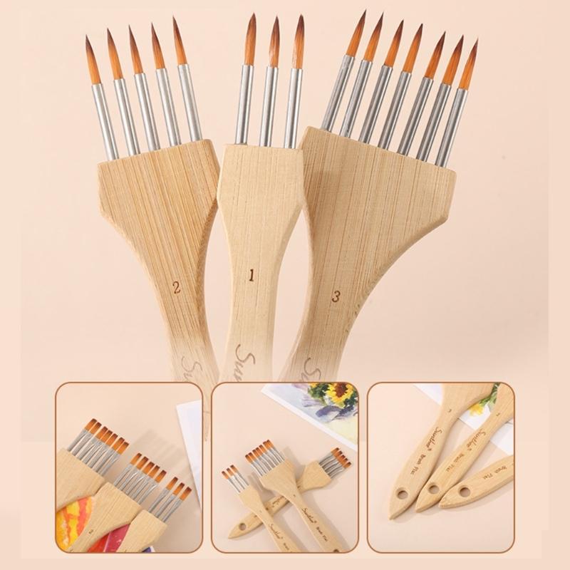 3Pcs Artist Paint Brush Set Multi Head Wood Handle Paint Brushes with Soft Nylon Bristles For Oil Watercolor Acrylic