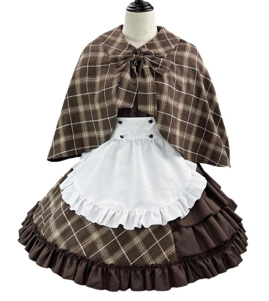 CAWILXHA Lolita Maid Cosplay Ärmel Detektiv Lolita Kleid mit Schürze und Niedliches Waldmädchen Kostüm für Beliebt für High School Eintritt und Kulturell