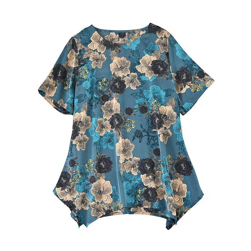 Female Clothing Vintage Floral Printed Midi T-shirt Round Neck Summer Short Sleeve Irregular All-match Loose Folk Pullovers