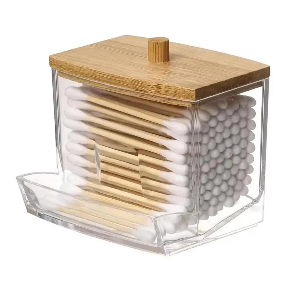 1pcs Cotton Swab Storage Box Acrylic Jar Makeup Organizer Cotton Round Pad Holder Box Q Tip Holder Dispenser with Bamboo Lid