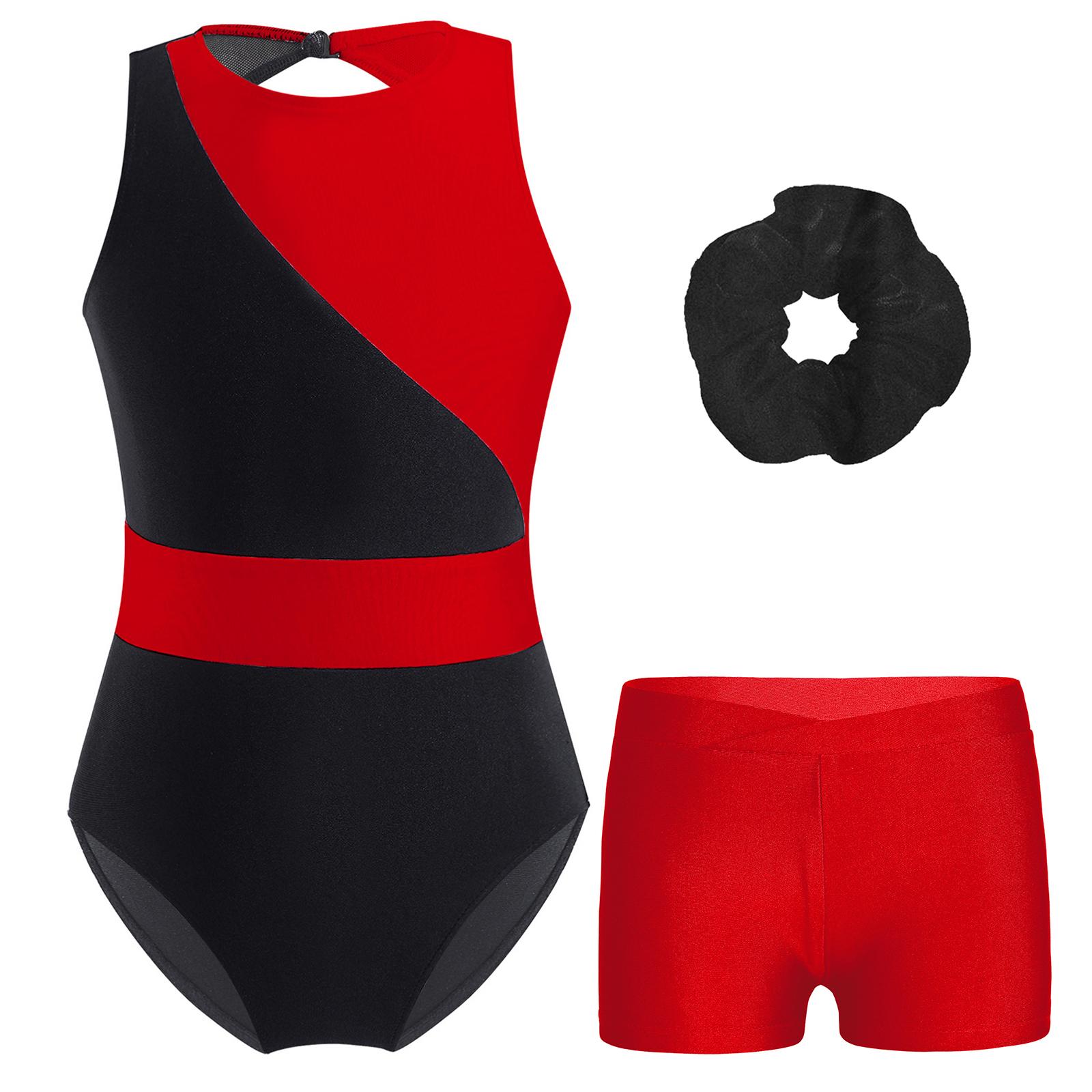 

Girls Gymnastics Outfit Sparkly Rhinestones Sleeveless Keyhole Back Leotard with V Front Shorts 9-10 Years червоний