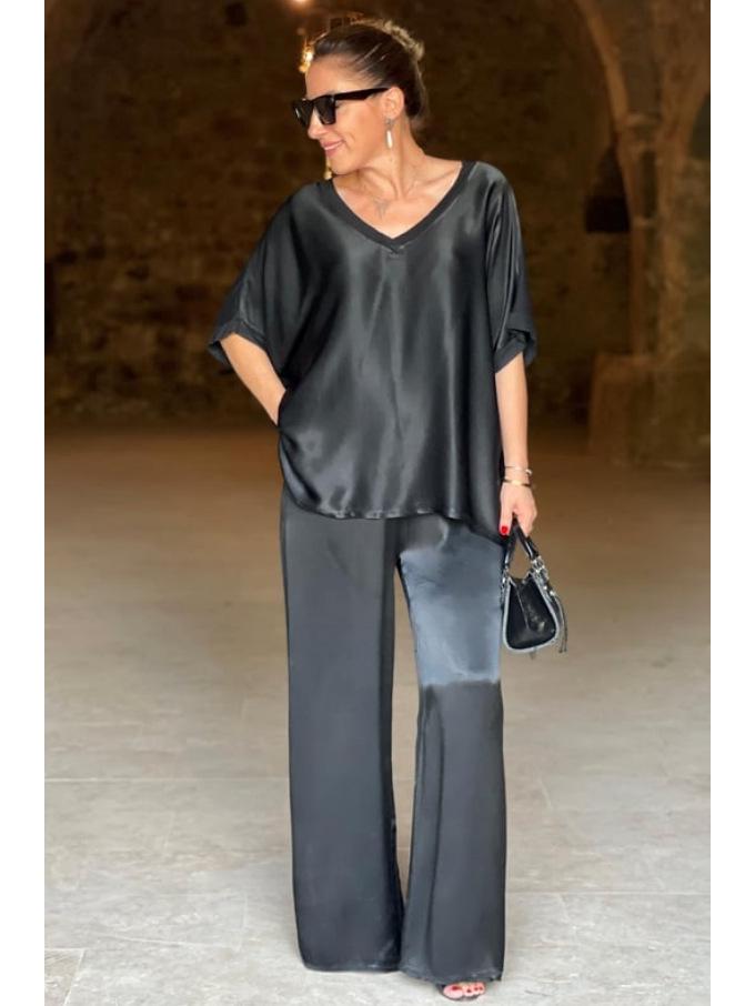 

European and American 2026 V-Neck Short-Sleeve Casual Wide-Leg Pants Set XL чёрный