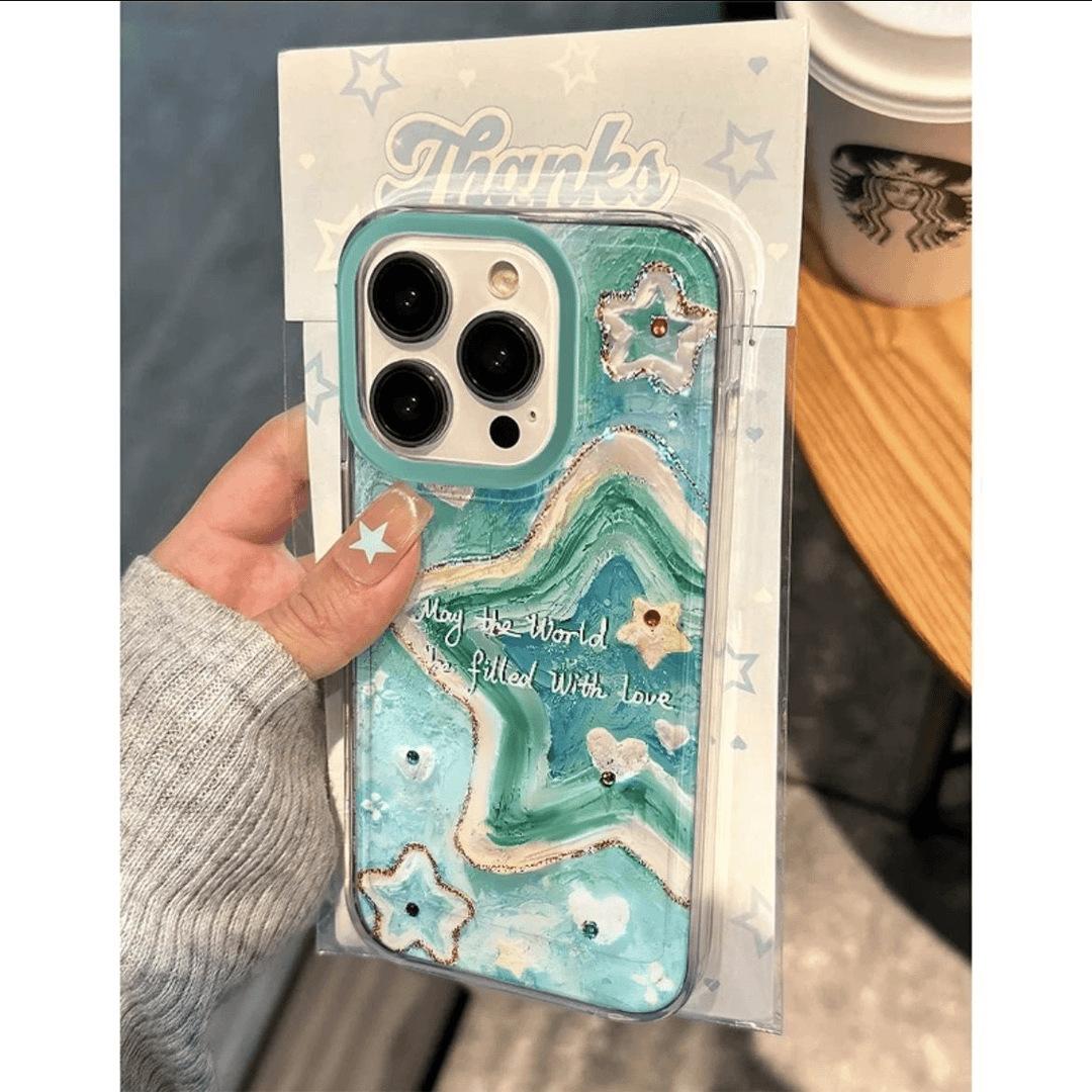 3D Star Oil Painting Glitter Phone Case, Cute Love Quote Clear TPU Cover for iPhone Apple 16promax