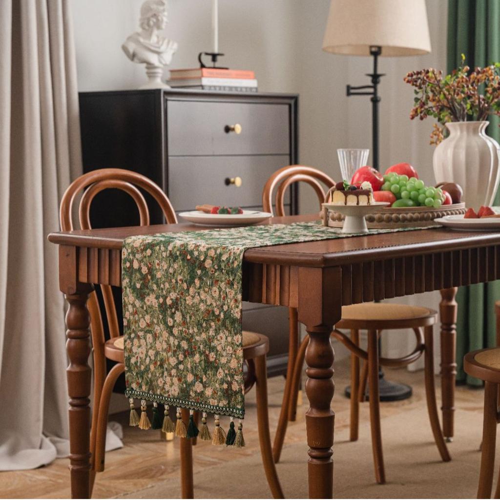 Table Runner Jacquard Green Countryside Flower Cluster Tassel Tea Flag Dining Flag Long Strip Thickened