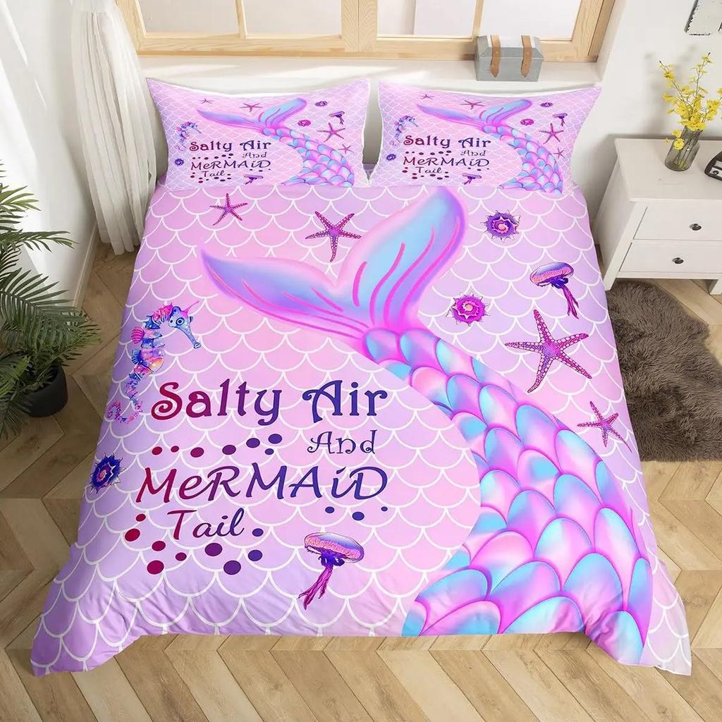 Mermaid Tail Duvet Cover Set, Colorful Scales Ocean Print Bedding, 3D Soft Microfiber Quilt Cover With Pillowcases
