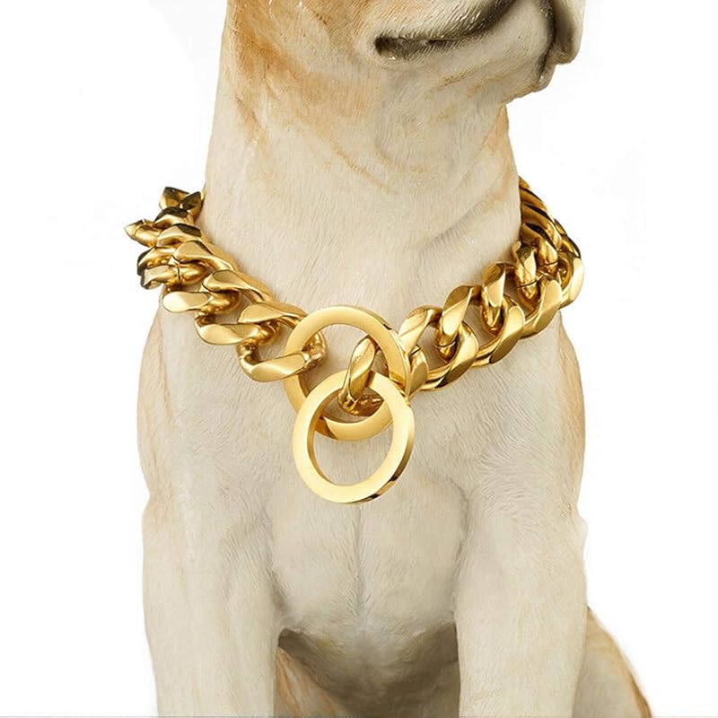 Chain Dog Collar 18K Gold Cuban Link Dog Chain Chain Collar Metal Stainless Steel Heavy Duty Slip Dog Collars for Small, Medium, and Large Dogs(15MM,