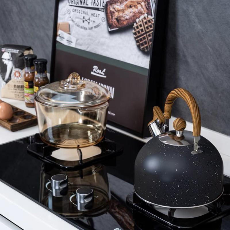 Bouilloire à sifflet, Théières pour cuisinière en acier inoxydable de qualité alimentaire avec motif bois Poignée pliable, Bouilloire à sifflet fort