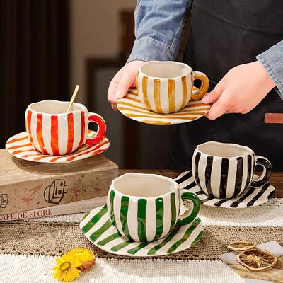 European Ceramic Striped Coffee Cup and Saucer Exquisite Afternoon Camellia Tea Coffee Mug Home Ceramic Breakfast Milk Mug Gift
