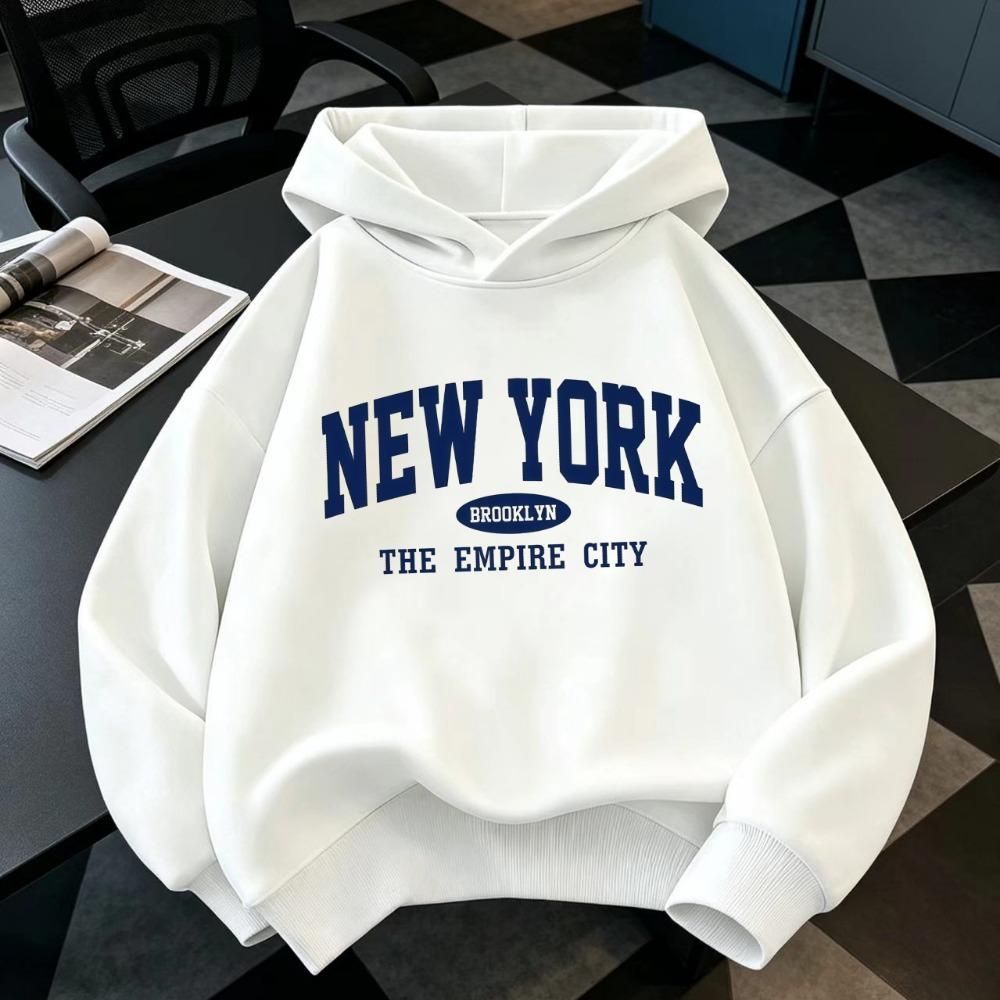 New York Letter Print Casual Style for Boys and Girls Children's Fashionable Hoodie Loose Fit, Geometric Pattern Warm Sweatshirt