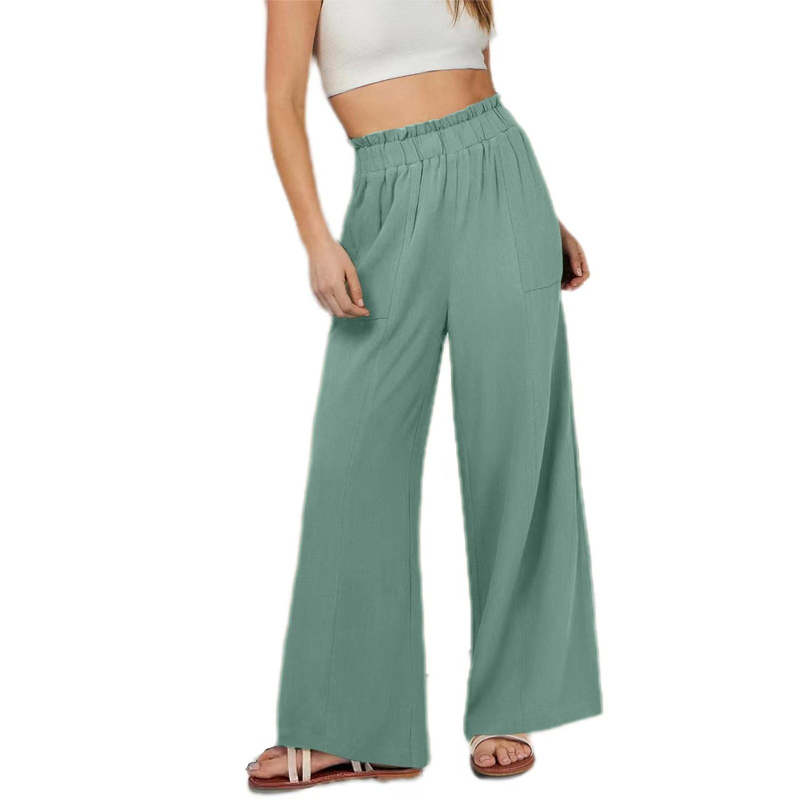 

Женские однотонные брюки из хлопка и льна с карманами и эластичным поясом, повседневные брюки, женские брюки M