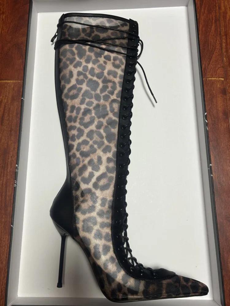 2025 Vår/Sommer Ny Snøring Korte Kule Støvletter Sideglidelås Bankett Slim Fit Høy Hæl Sexy Knelange Damestøvletter