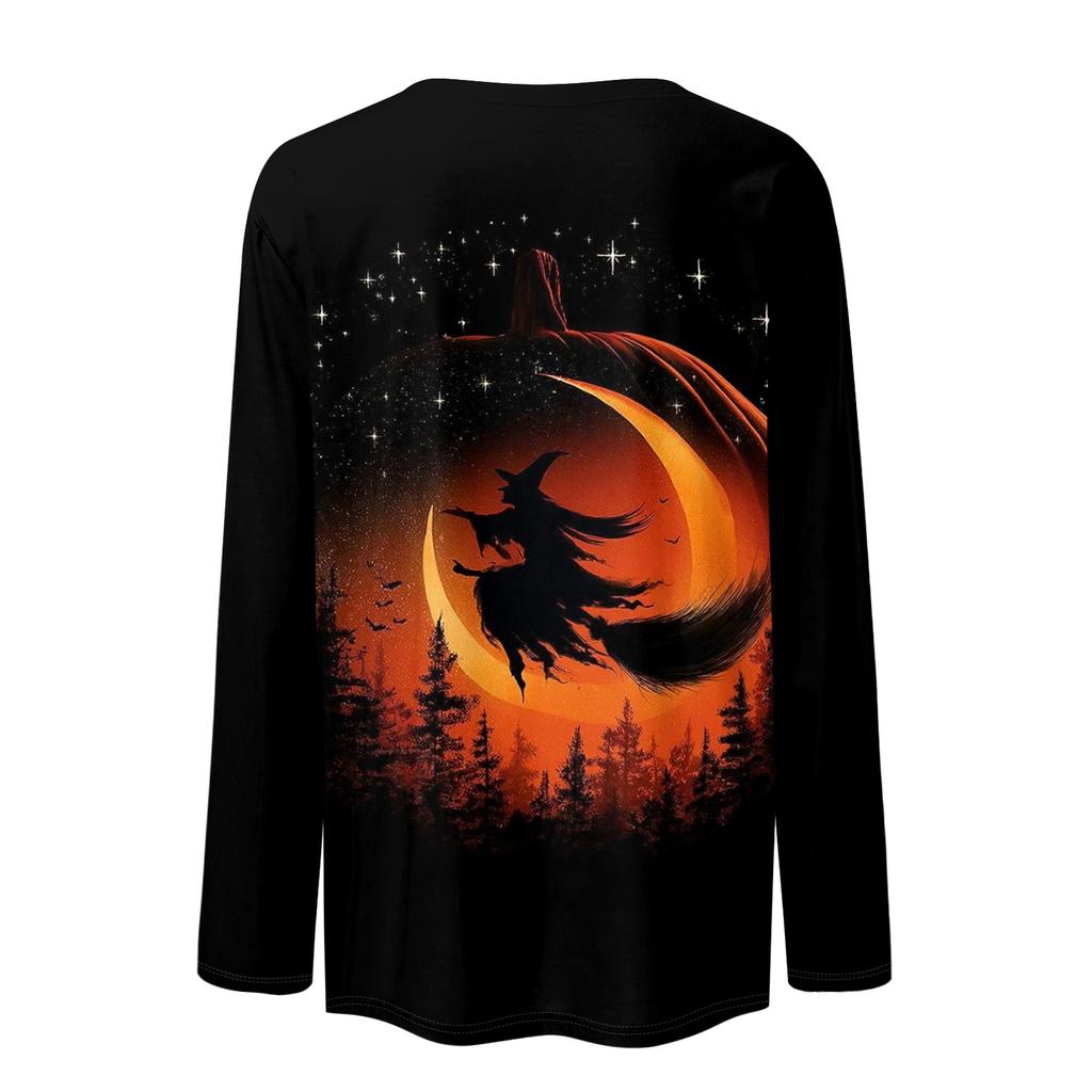 Women's Halloween Print Long Sleeve Neck Pullover T-Shirt for Fall