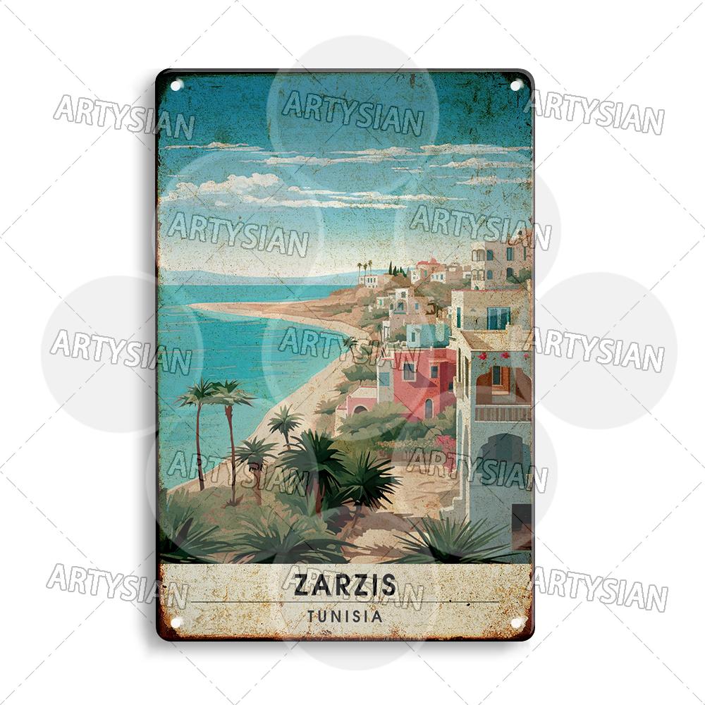 Maghreb Travel Cityscape Metal Sign Alger Algeria Djerba Tunisia Chefchaouen Morocco Marrakesh Zarzis Oran Tiaret Kabylie