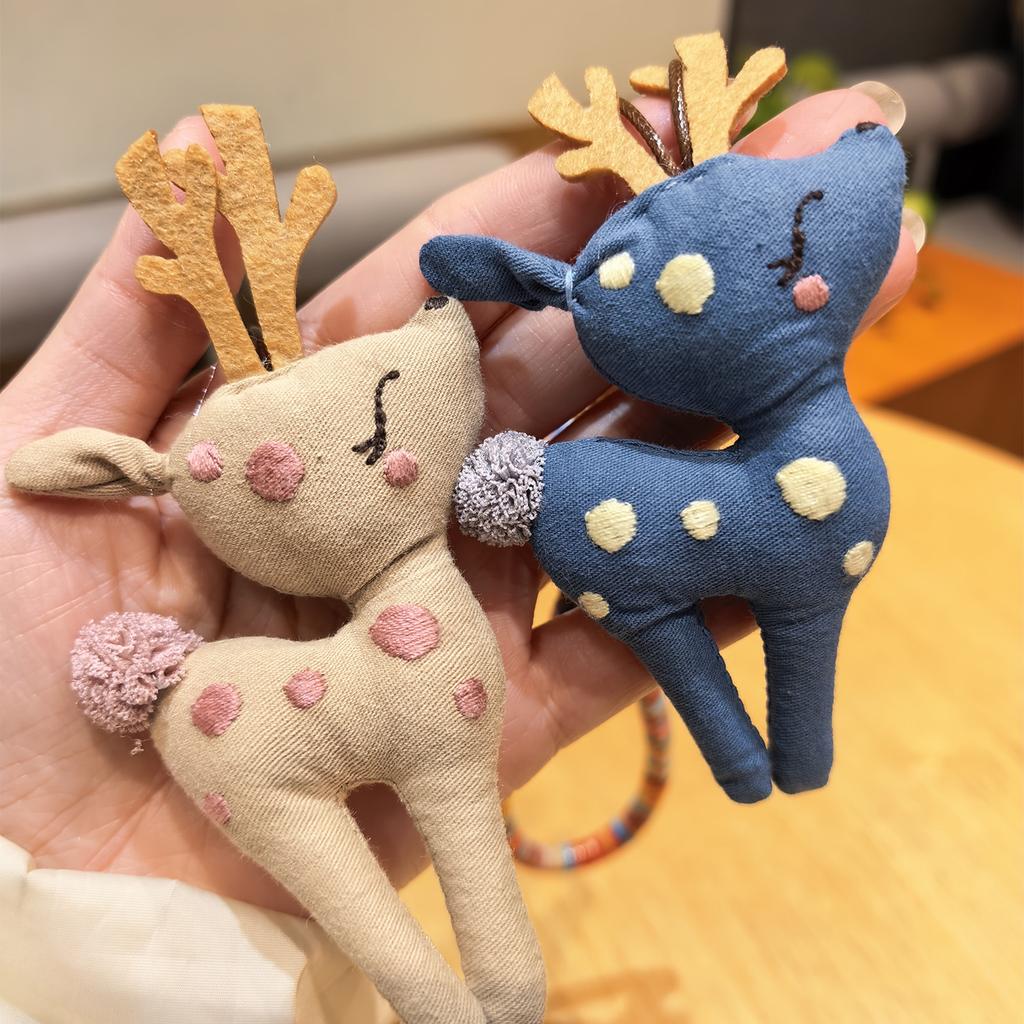 Cute Fabric Deer Bag Charm, Handmade Plush Deer Keychain with Colorful Braided Rope