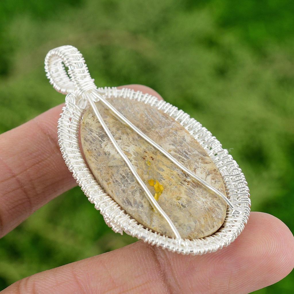 Daughters Day Sale 925 Silver Fossil Coral Gemstone Elegant Wire Wrapped Pendant