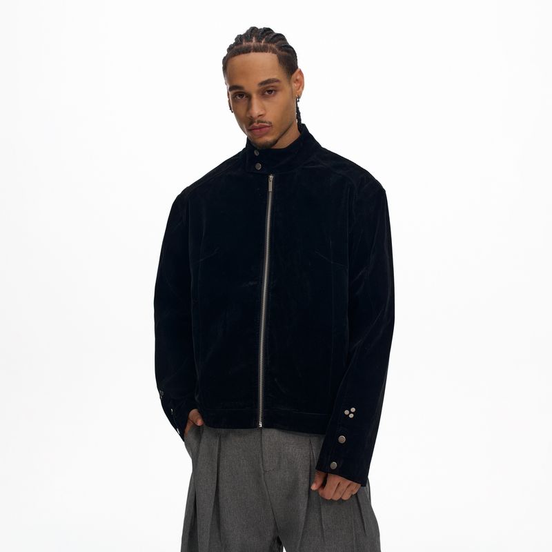 

Kisko American Modern Street Style Suede Harrington Stand Collar Jacket for Men and Women, Autumn and Winter Cleanfit Suede Coat Black XL