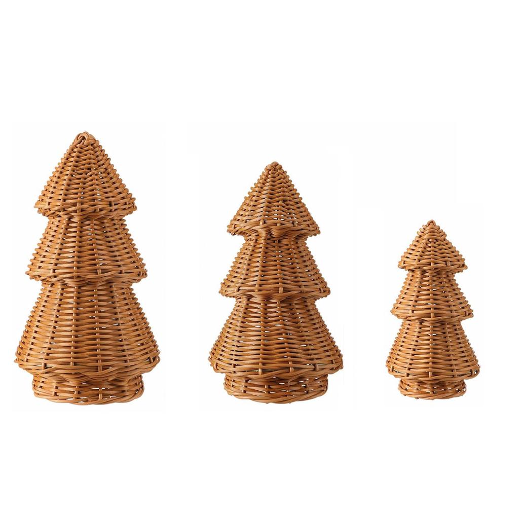 Set aus 3 Korbbast-Weihnachtsbäumen, Natürliche Dekoration für Kaminsims, Tischplatte, Etagen-Tablett & Party
