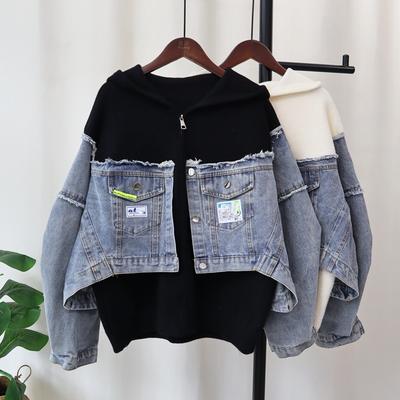 Kapuzen-Reißverschluss-Spleiß-Denim-Strick-Doppelstrickjacke Herbst und Winter neu locker lässige Pulloverjacke Damen