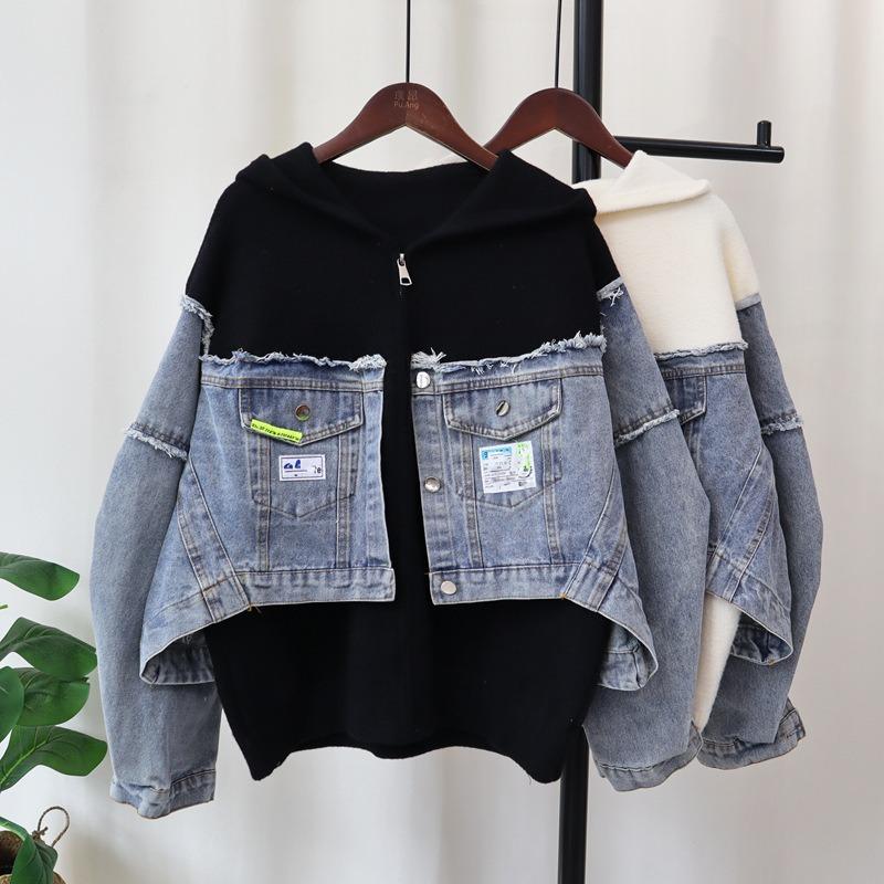 Hooded zipper splicing denim knitted double-sided cardigan autumn and winter new loose casual sweater jacket women