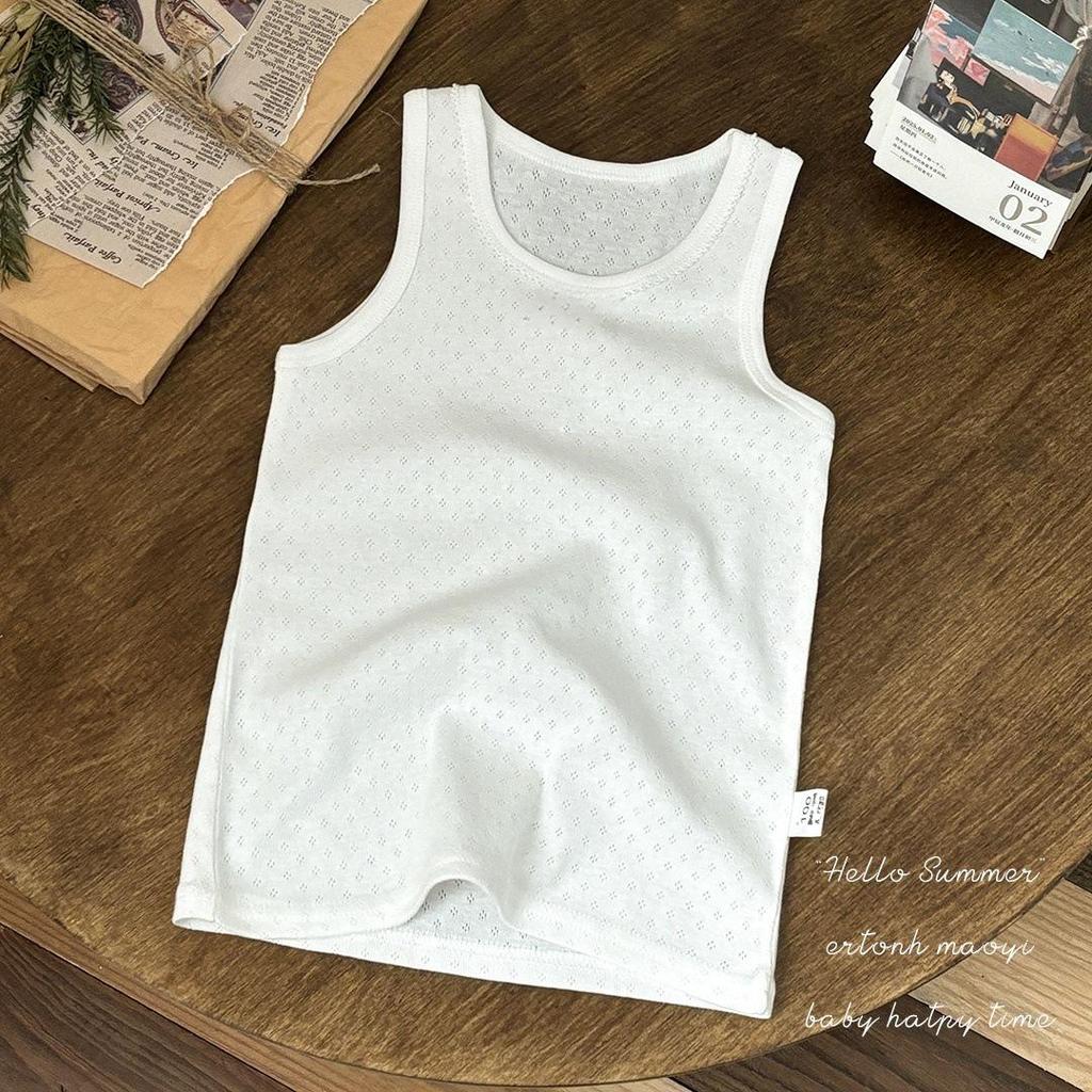 Unisex Japanese Pure Cotton Children's Sleeveless Vest - Solid Color Mesh Base Layer