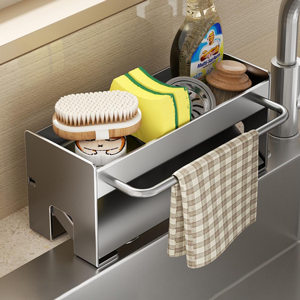 Space Saving Carbon Steel Kitchen Sink Caddy Organizer Rack with Towel Bar Draining Rack