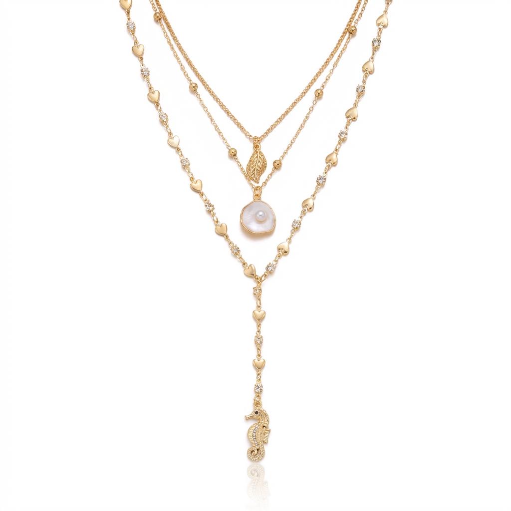 

3 Layer Bohemian Seahorse Shell Conch Necklace For Women Summer Beach Layered Pendant Jewelry Gift
