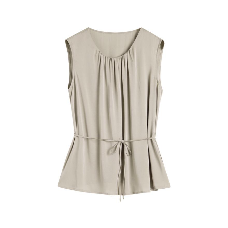 Summer new silk vest women's sleeveless mulberry silk satin lace-up short pleated crew neck top
