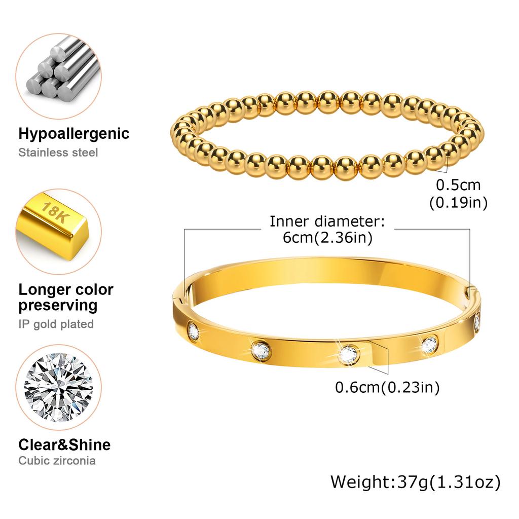 Vnox 2-8mm Women Bracelets Set, Simple Stacked Gold Plated Stainless Steel Beads Bracelets , Glam Love Gift Cuff Bangles for Her