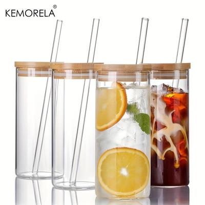 4 Set 600ML Drinking Glasses with Bamboo Lids and Straws Borosilicate Glass Tumbler Cups Tall Clear Iced Coffee Cups