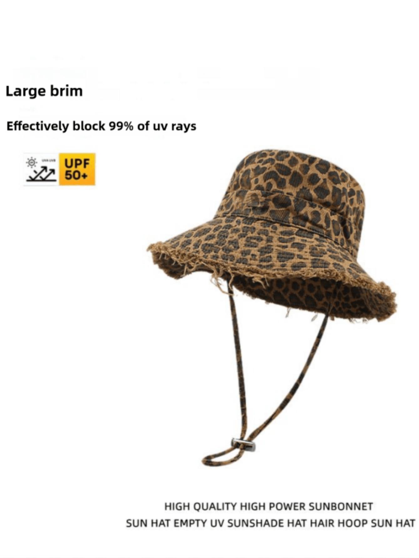 

Retro Washed Rough Edge Leopard Women Drawstring Bucket Hat Sun Protection Hat Travel Beach Seaside Vacation Use Music Fest темно-коричневого