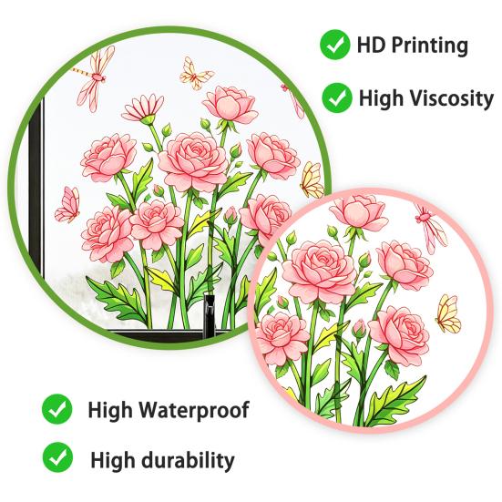 Static Glass Sticker, Soft Roses Decal with Dragonflies And Butterflies, No Glue Waterproof Sunproof Window Film for Bedroom Living Room Balcony