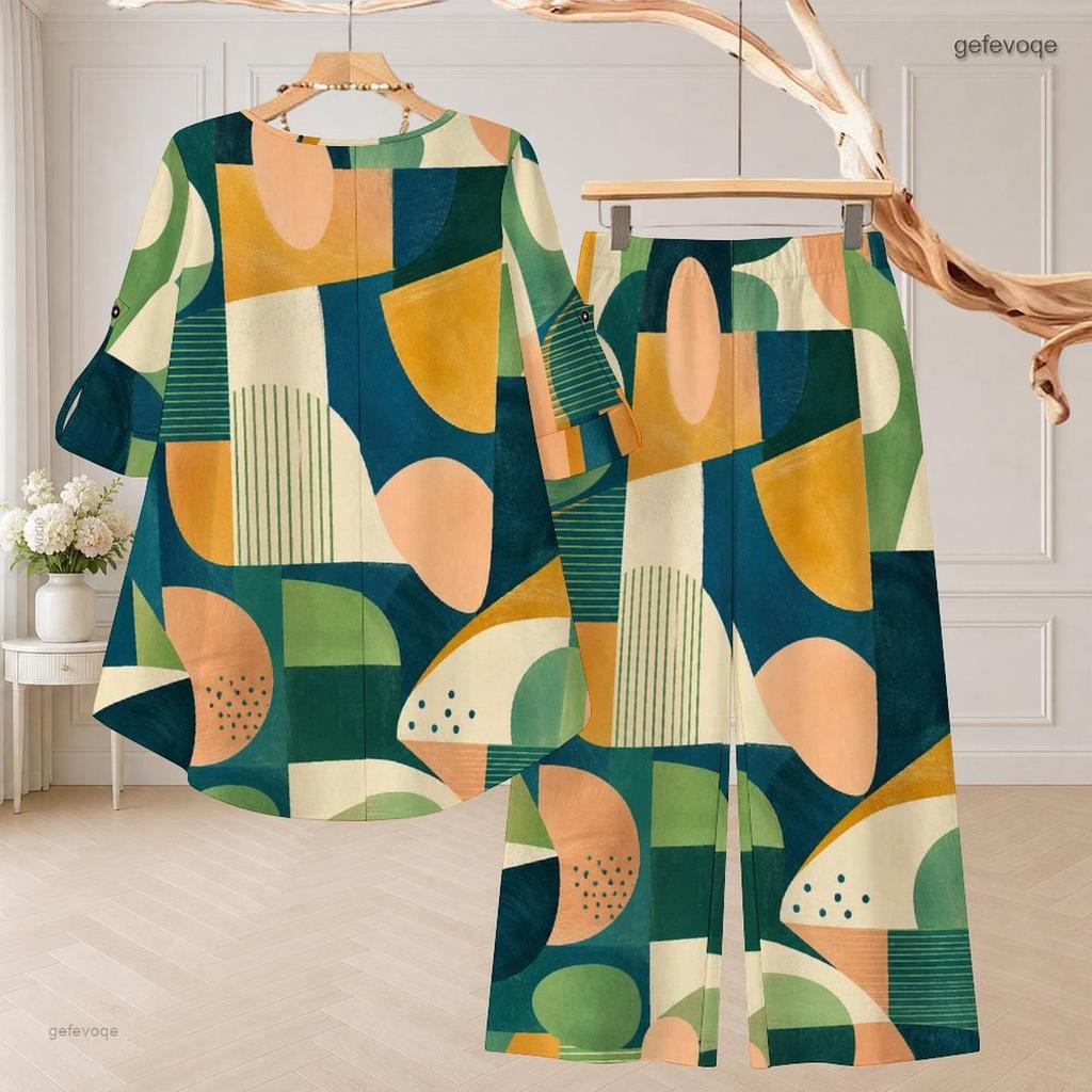 Women Plus Size Round Neck Three Quarter Sleeve Geometric Printed High Low Top And Long Pants Two Piece Set