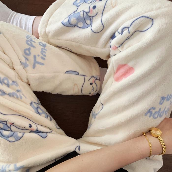 Korean Style Women's Fleece Pajama Pants - Flannel Cartoon Design for Autumn and Winter