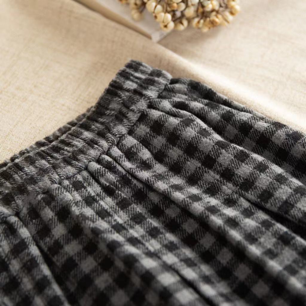 Women's Autumn Winter Thickened Retro Black Grey Plaid Wool Midi Skirt Elastic Waist Versatile A-Line Skirt