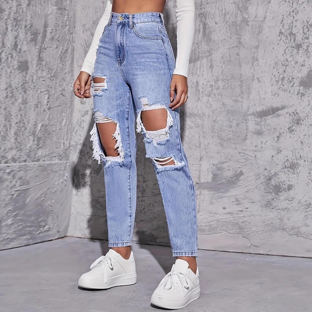 Women's Ripped Salt-Washed Straight Leg Jeans - European & American Fashion