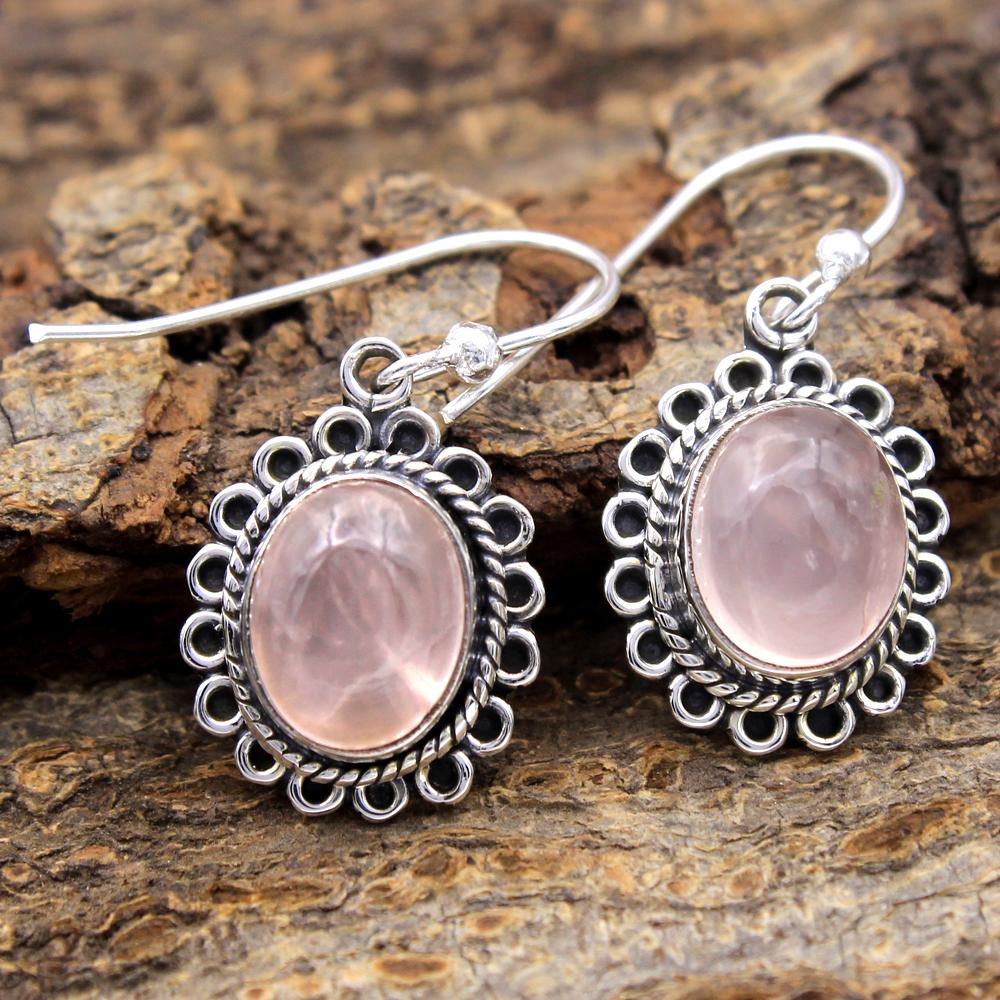 Natural Rose Quartz Gemstone Handmade Dangle Earring 925 Sterling Silver Fine Jewelry
