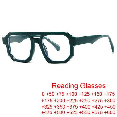 Dark Green Oversized Square Reading Glasses for Men Women Retro Double Bridges Fashionable Presbyopia Eyewear Blue Light Filter