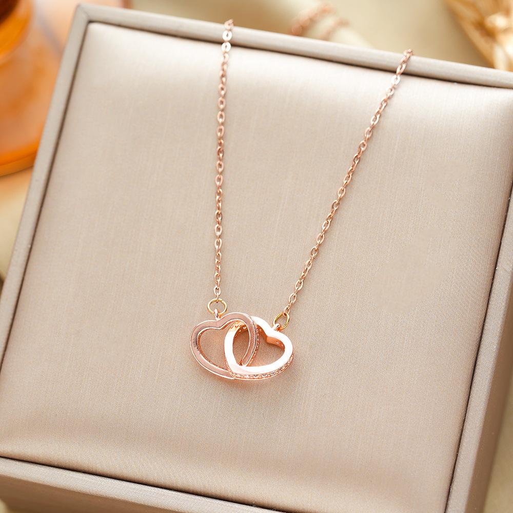 Fashion Light Luxury Micro-Set Heart Double Loop Titanium Steel Pendant Necklace Fresh Collarbone Chain