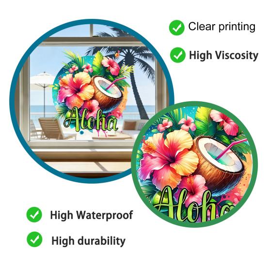 Summer Window Clings Tropical Hibiscus Flower Coconut Window Stickers Removable PVC Static Decal for Beach Vacation Hawaii Theme Home Kitchen