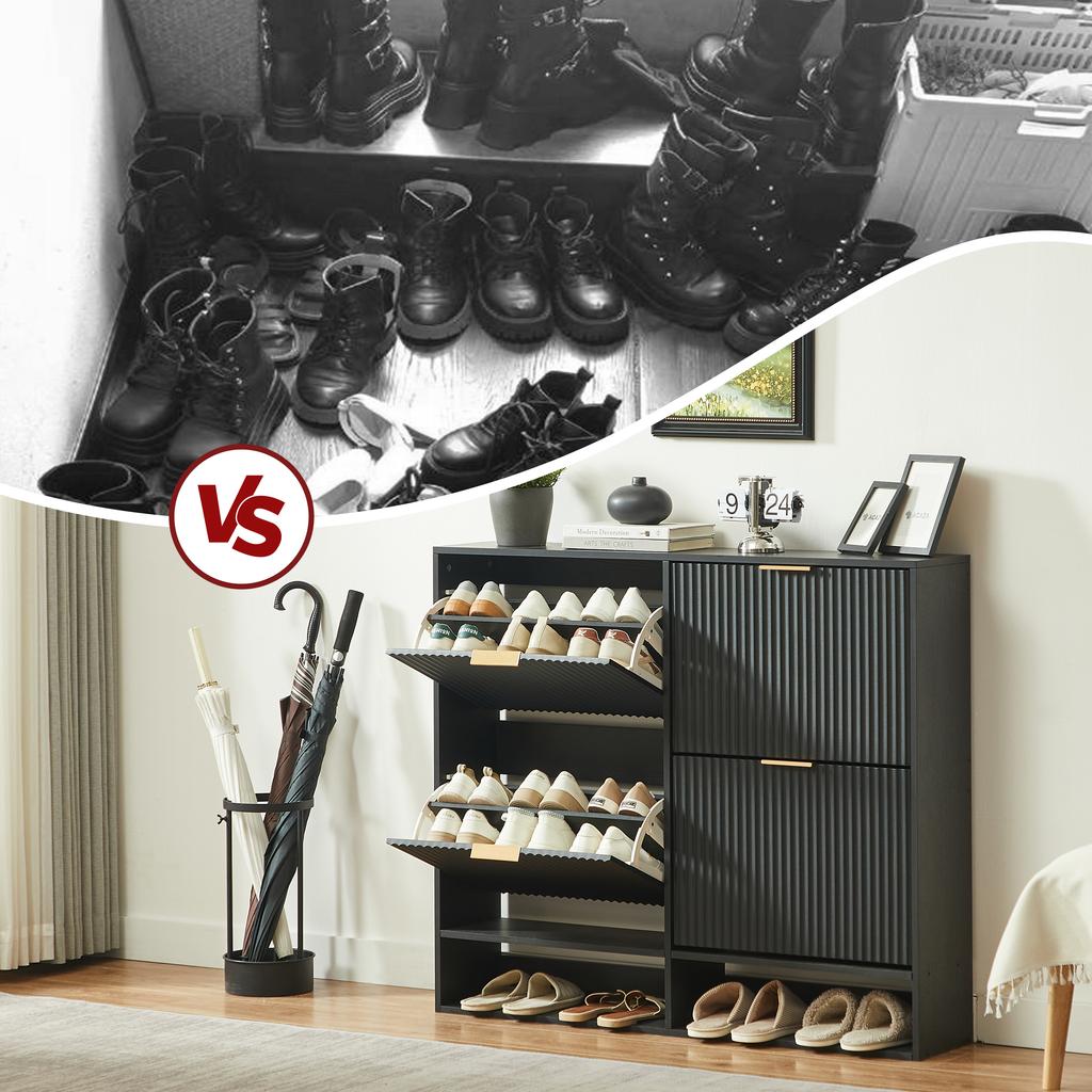 120 x 24 cm Shoe Cabinet with Grooved Front – Height-Adjustable with Anti-Tip Device and Decorative Table for the Hallway, in Black