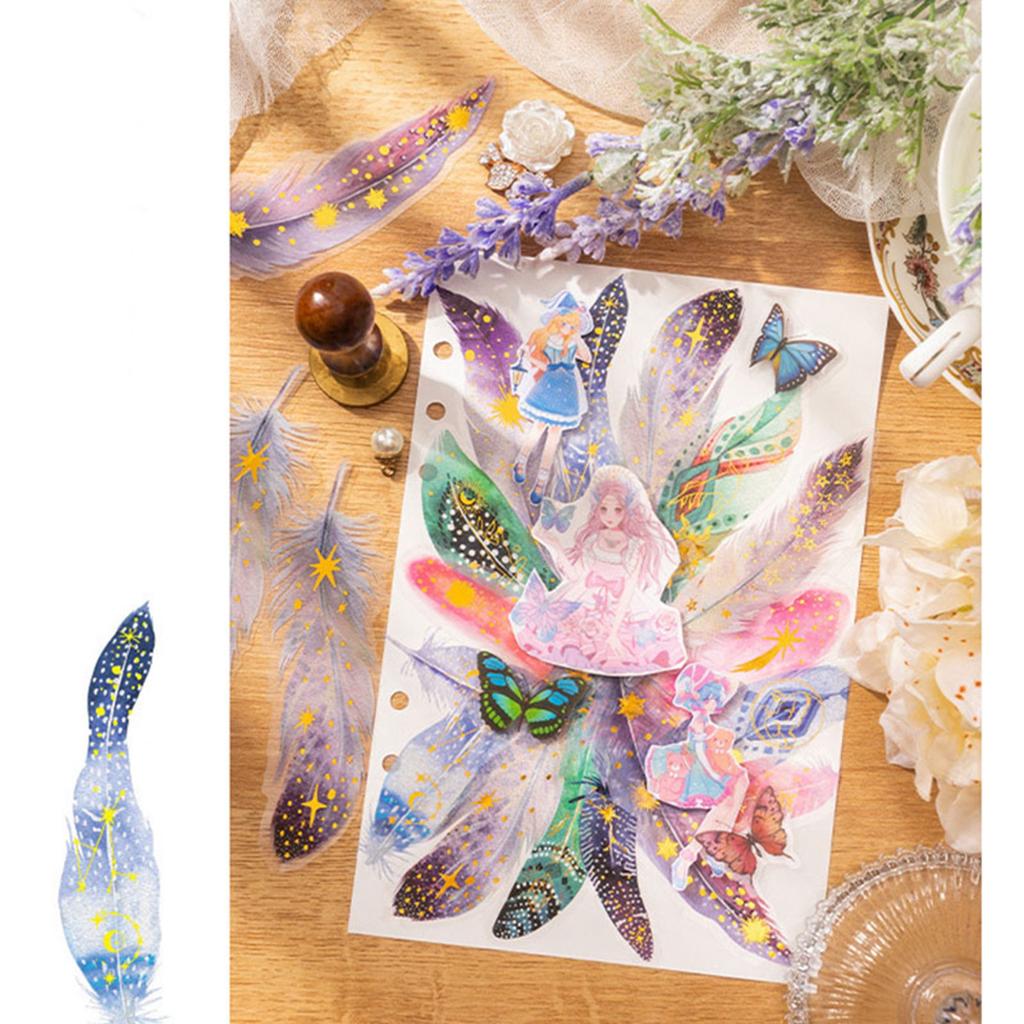 10 PCS Feather Stickers PET Sparkling Effect Exquisite Scrapbook Aesthetic Stickers for Journal