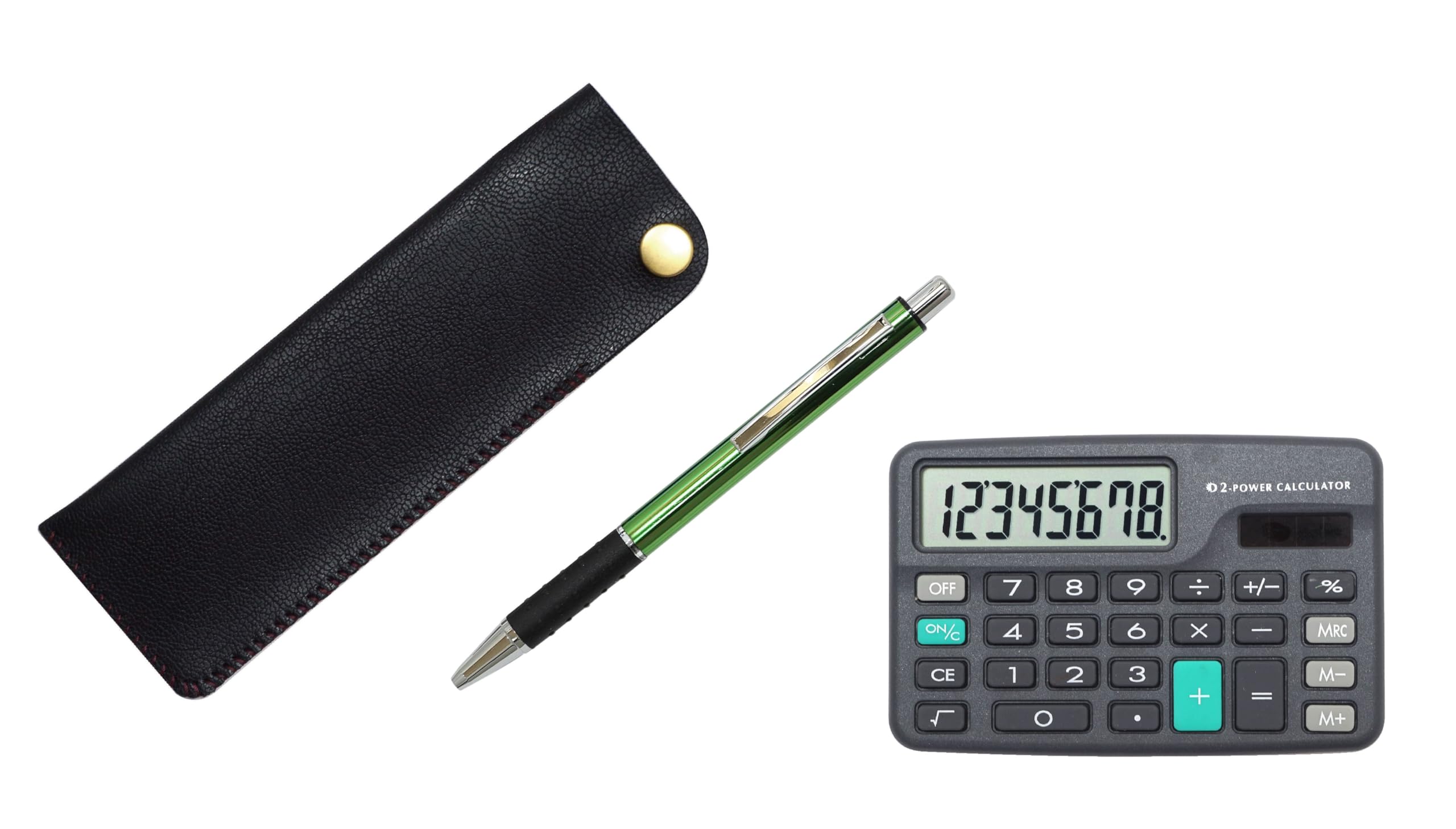 

Black pen case with horizontal snap closure and mini green metal and pitch grip ballpoint pen calculator, set, T23-D-NK01B-WZ2067BP-G зелений