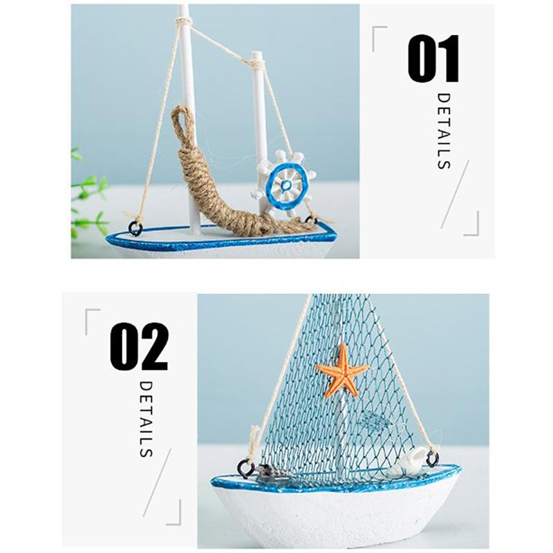 Mini Mediterranean Style Marine Nautical Wooden Blue Sailing Boat Ship Wood Crafts Sea Ornaments Party Room Home Decoration