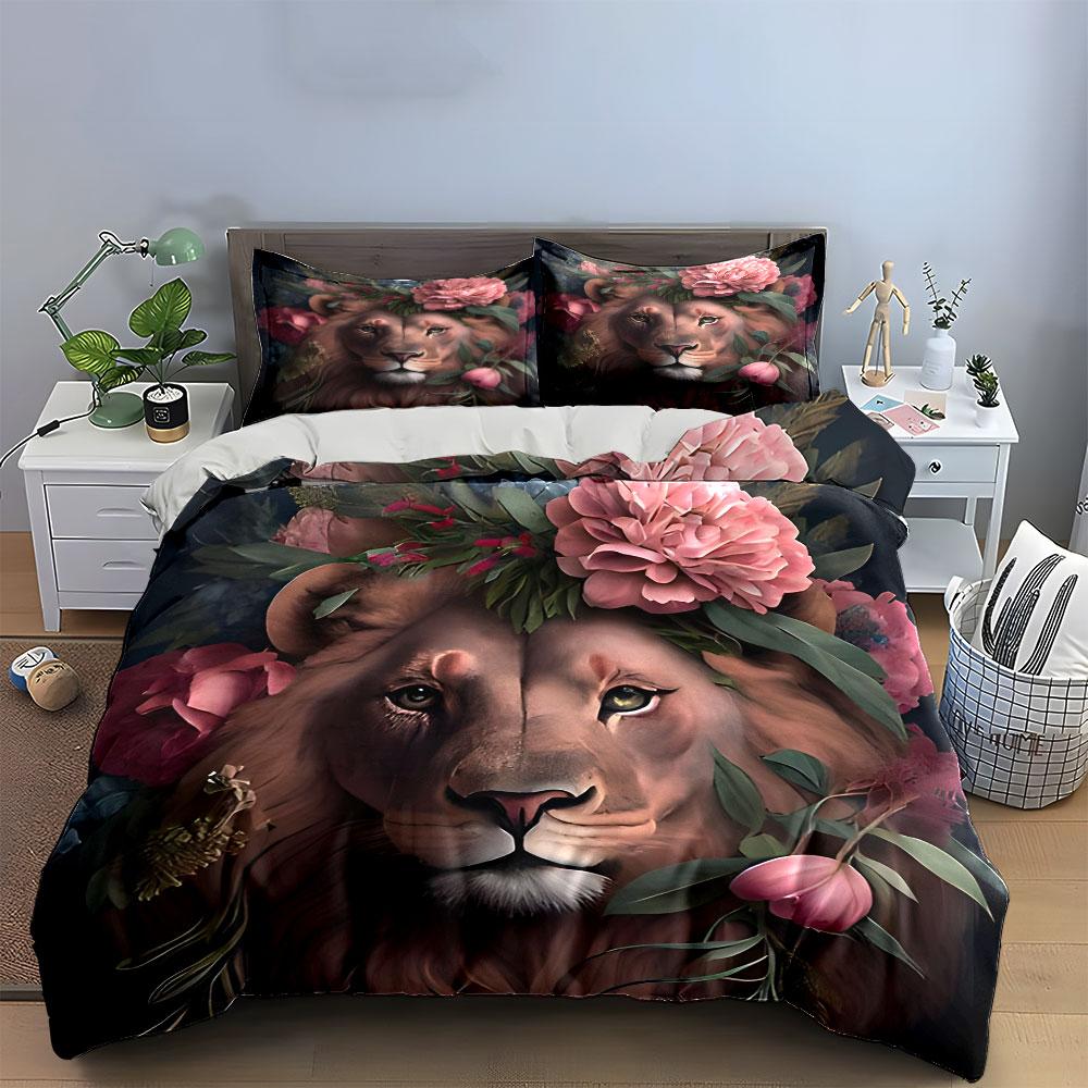 Floral Lion Decor Set Artwork Exquisite Three-Piece Bedding Set Gift For Kids And Adults