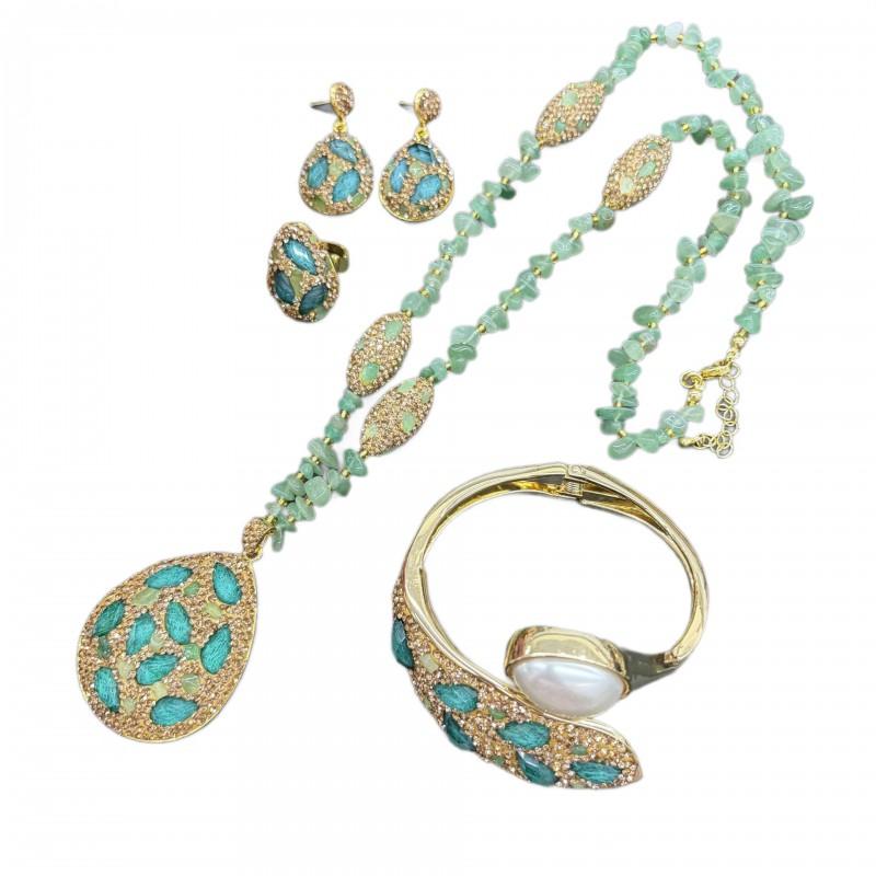 Elegant Vintage Pearl Jewelry Set Women Necklace Earrings Bracelet Ring With Waterdrop Heart Bell Charms In Gold Plated Finish