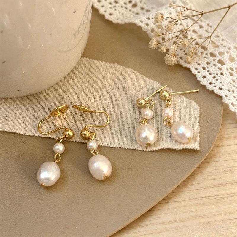 Baroque Natural Freshwater Pearl Pendant Earrings for Women, No Piercings, Niche Light Luxury Design, High-end Earrings