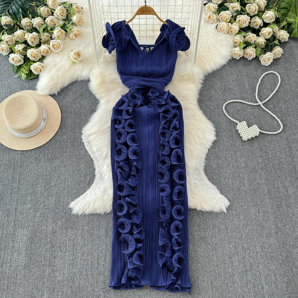 YYFS Women's Fashion Summer Spring Solid Color Print Short Sleeve V-Neck High Waist Casual Dresses