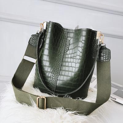 Vintage Crocodile Pattern One Shoulder Bucket Bag for Women, Large Capacity Wide Strap Crossbody & Handheld Tote Bag