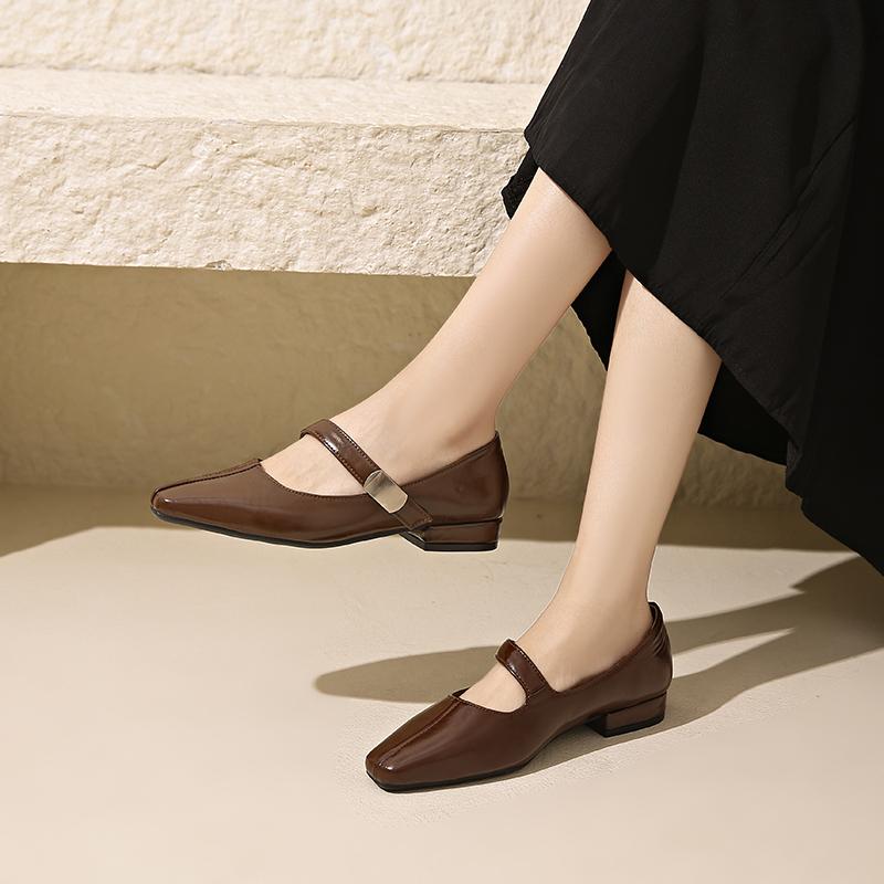 Fashion Low-heeled Single Shoes Autumn New Square-toe Shallow-mouth One-band Anti-slip Wear-resistant Low-top Shoes